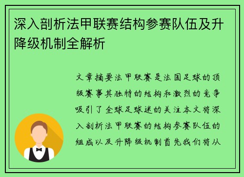 深入剖析法甲联赛结构参赛队伍及升降级机制全解析
