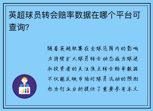 英超球员转会赔率数据在哪个平台可查询？
